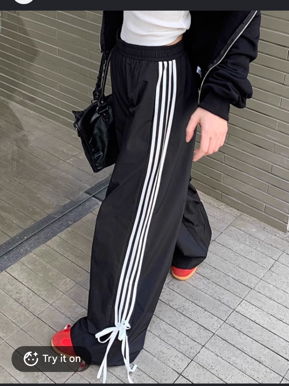 Y2K Style Black Track Pants with White Stripes and Bow Detail